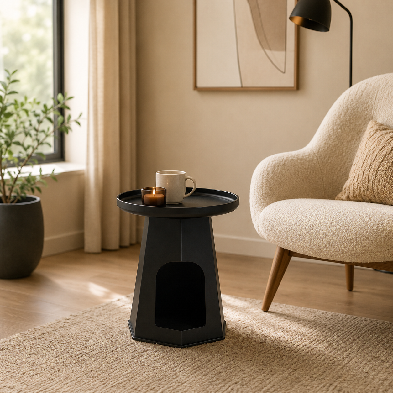 Modern round cream plastic side table with a minimalist design for use beside a sofa or bed in small living rooms and bedrooms.