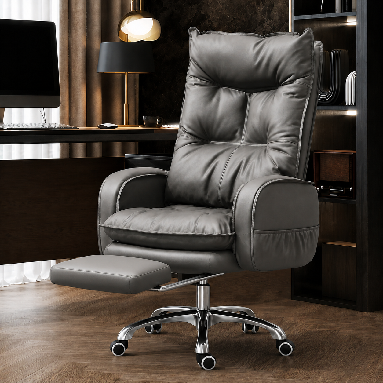 Modern executive office chair with retractable footrest, comfortable boss computer chair for home office, work and study
