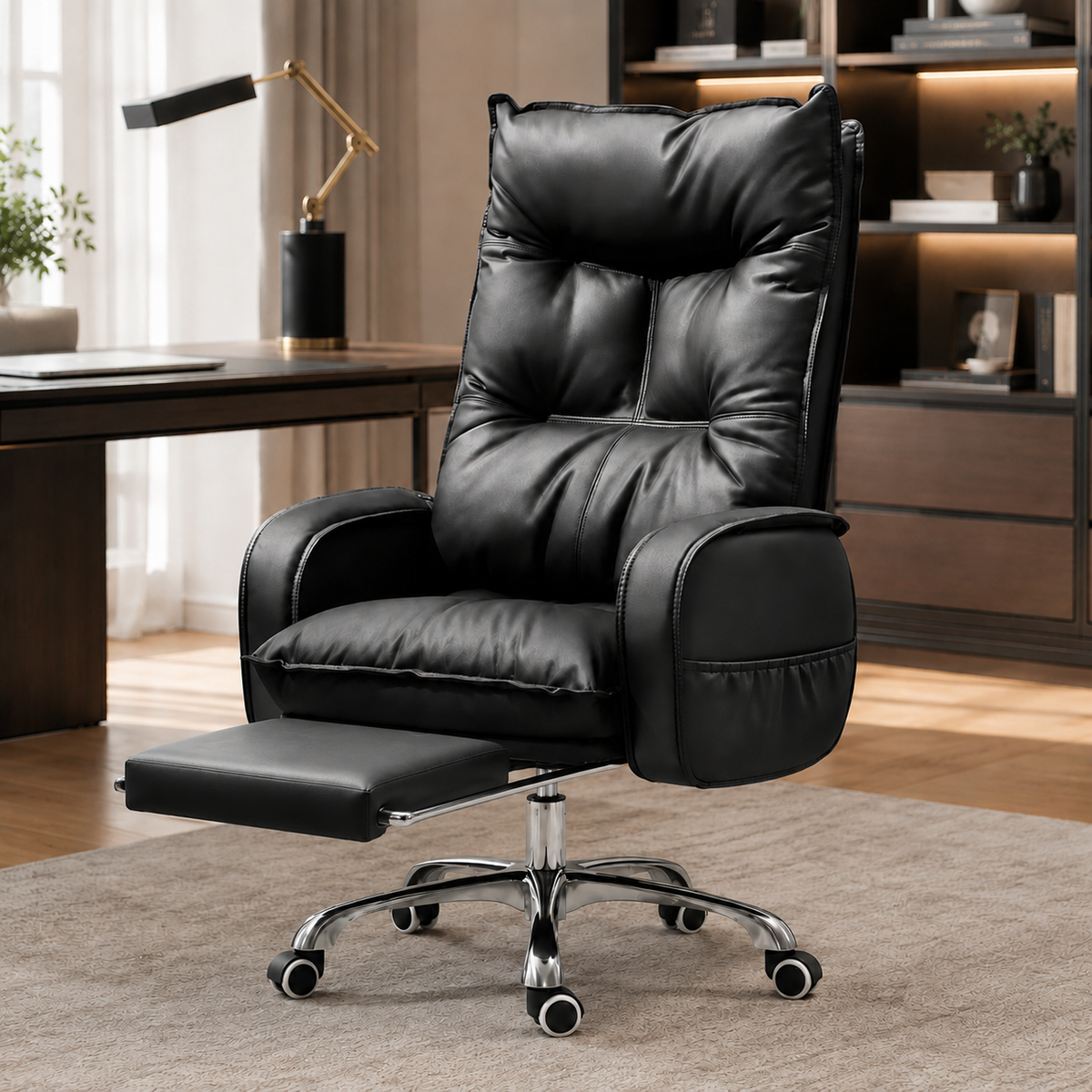 Modern executive office chair with retractable footrest, comfortable boss computer chair for home office, work and study