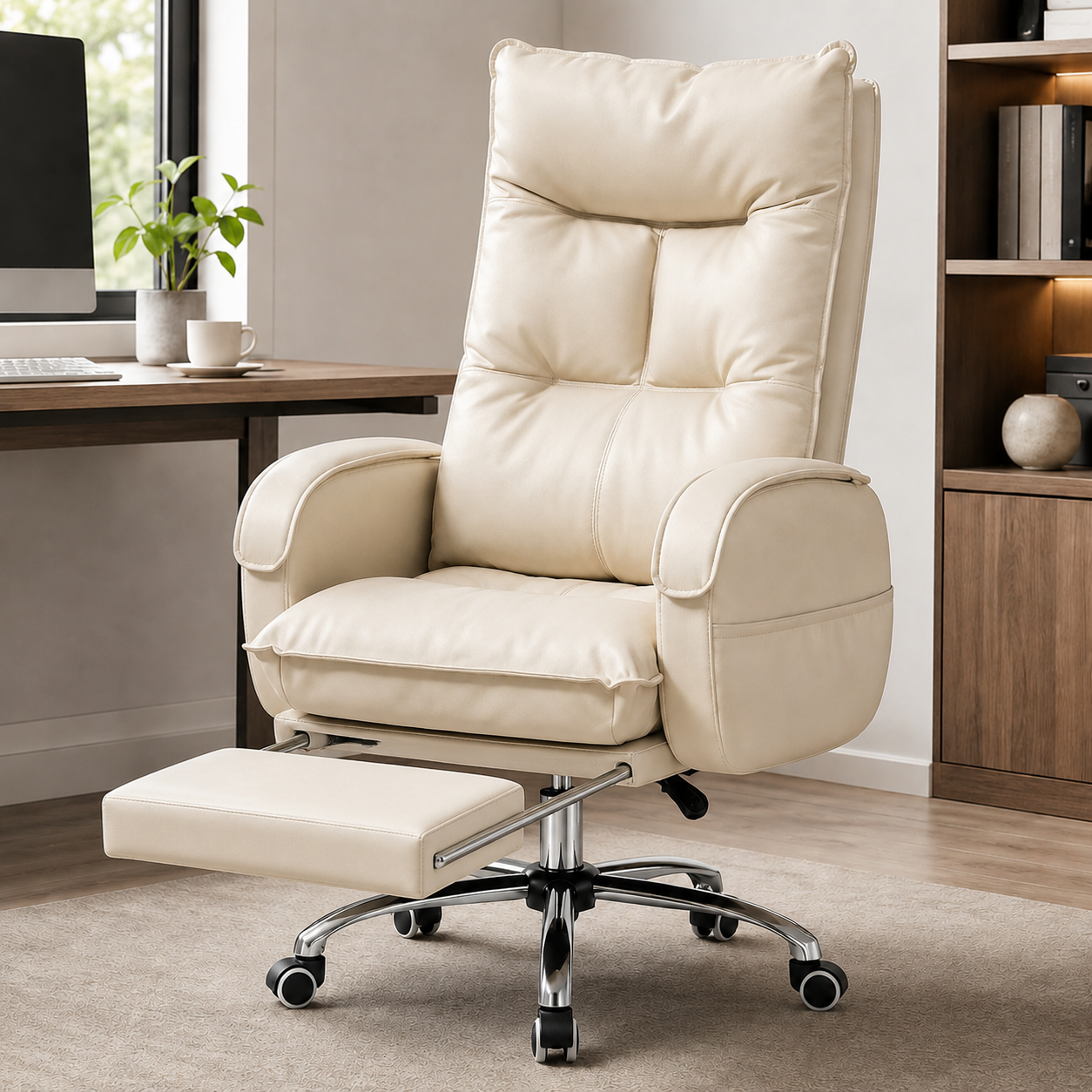 Modern executive office chair with retractable footrest, comfortable boss computer chair for home office, work and study