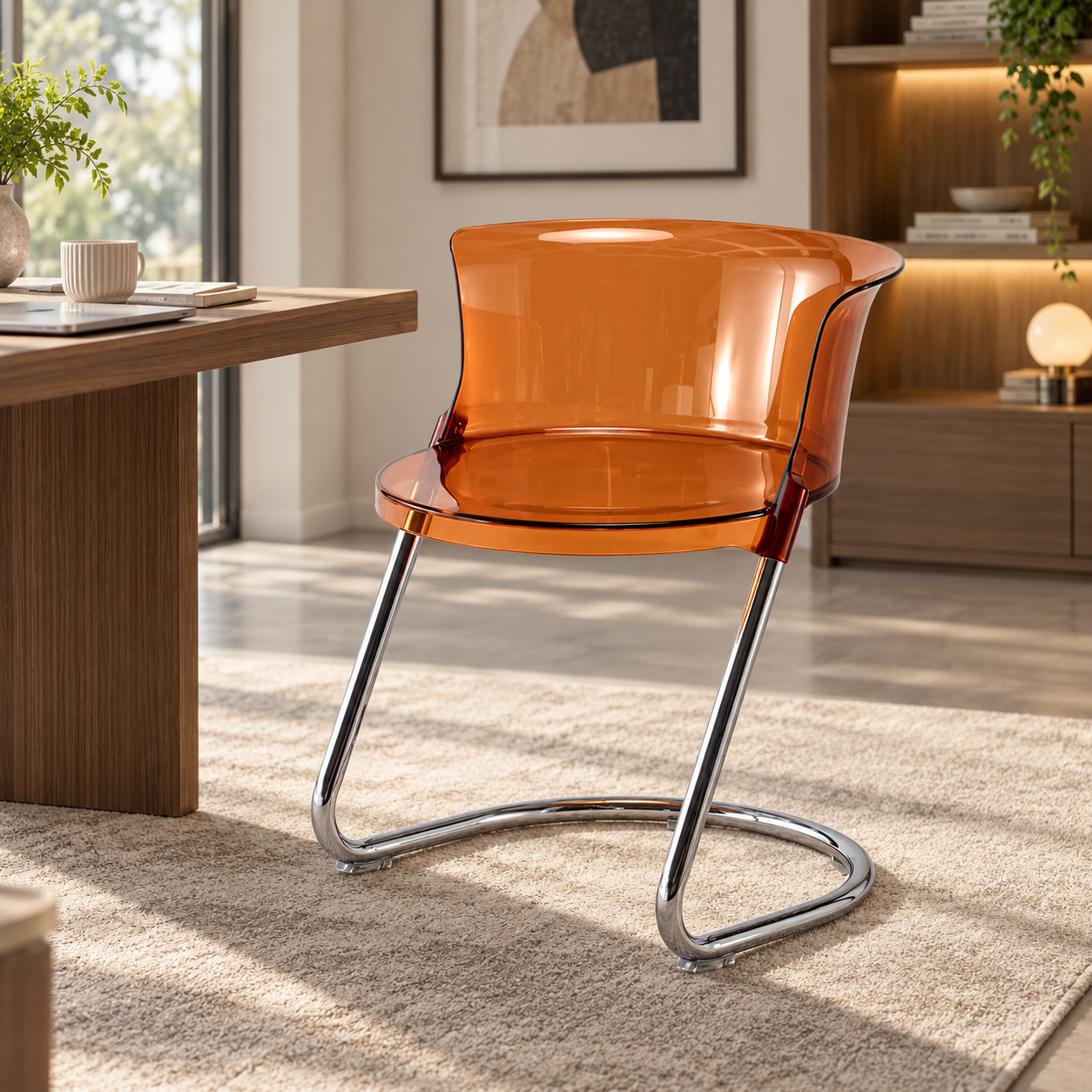 Modern Curved Dining Chair with PC Seat & Iron Frame, Minimalist Armless Chair