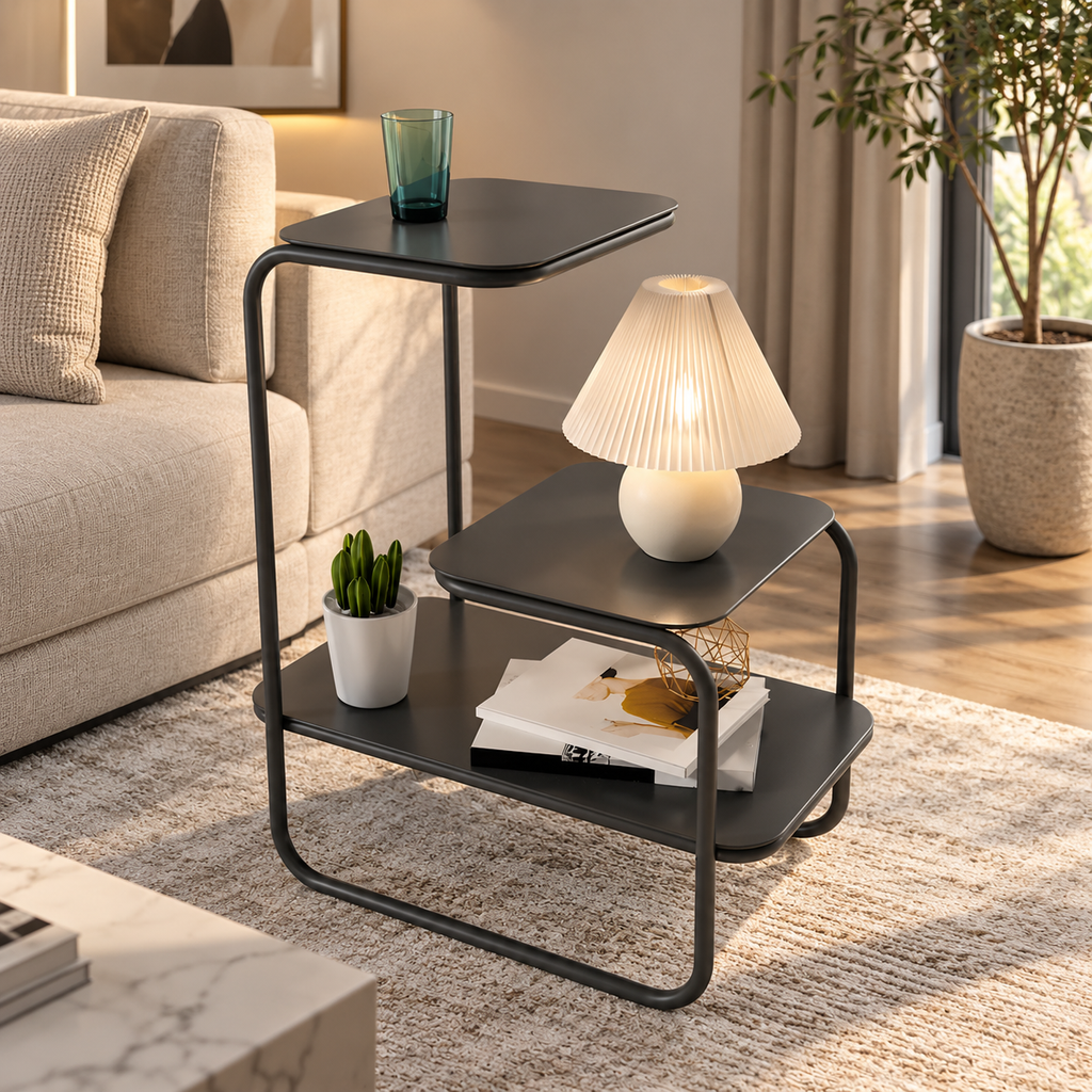 Modern Nordic sofa side table with wrought iron base, minimalist bedside and accent table for living room and bedroom