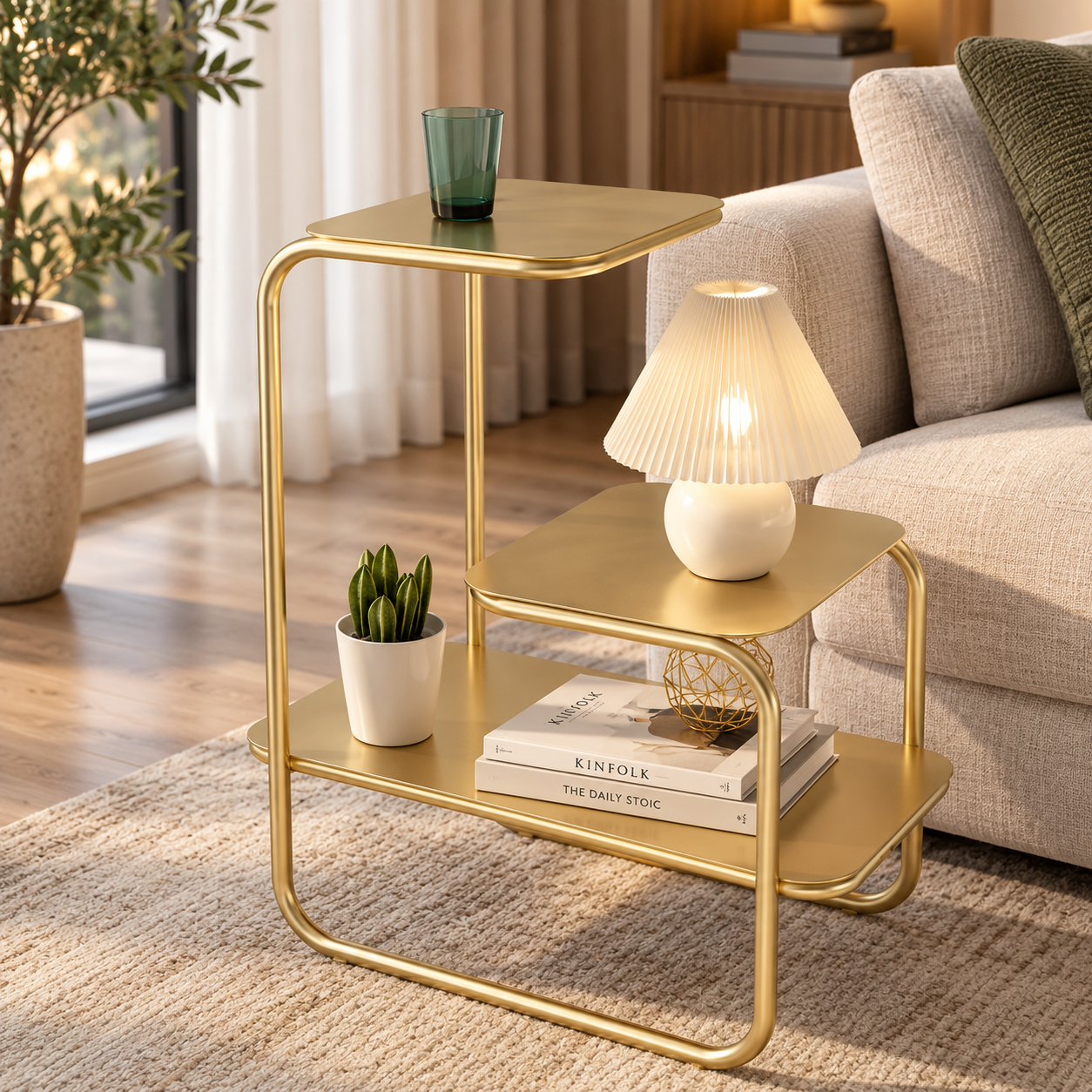 Modern Nordic sofa side table with wrought iron base, minimalist bedside and accent table for living room and bedroom