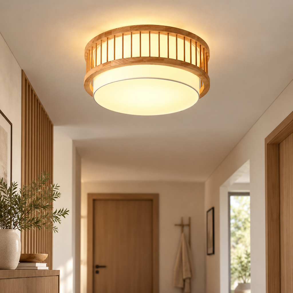 Modern Japanese Wood Drum Ceiling Light, Solid Wood Cylindrical Ceiling Fixture