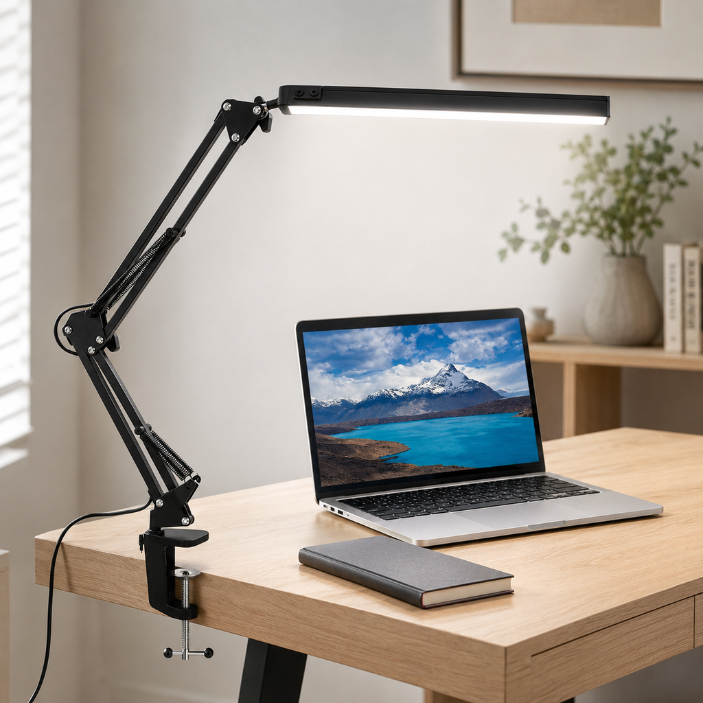 LED clip-on desk lamp with adjustable long arm and clamp base, modern table light for computer desk, reading and workspace lighting