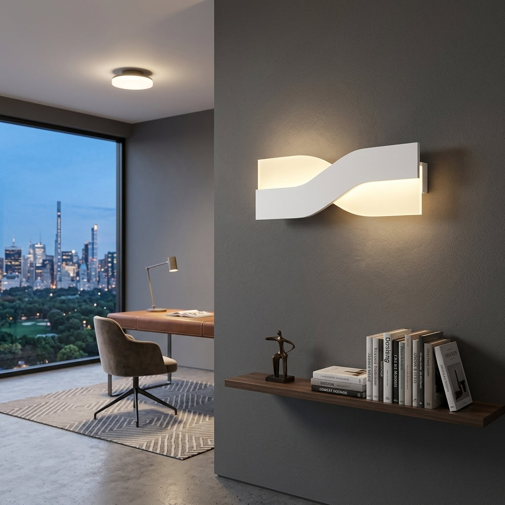 Nordic wall sconce mounted in living room accent wall