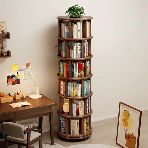 Solid wood spinning bookshelf styled in bedroom corner