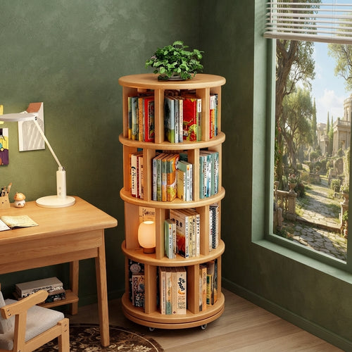 Rotating bookshelf styled in home office with books
