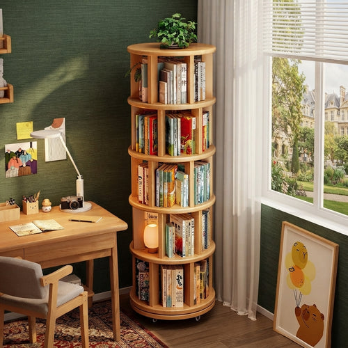 360 rotating solid wood bookshelf in modern living room