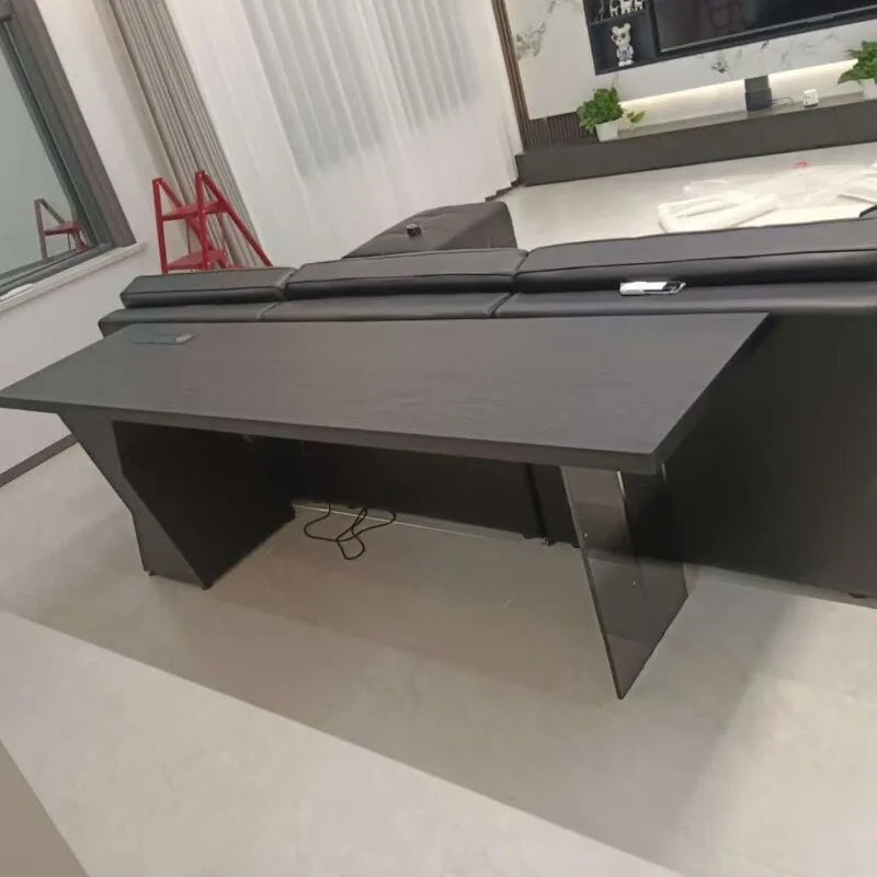 Black Solid Wood Desk with Socket Minimalist Living Room Study Workbench Office Computer Desk
