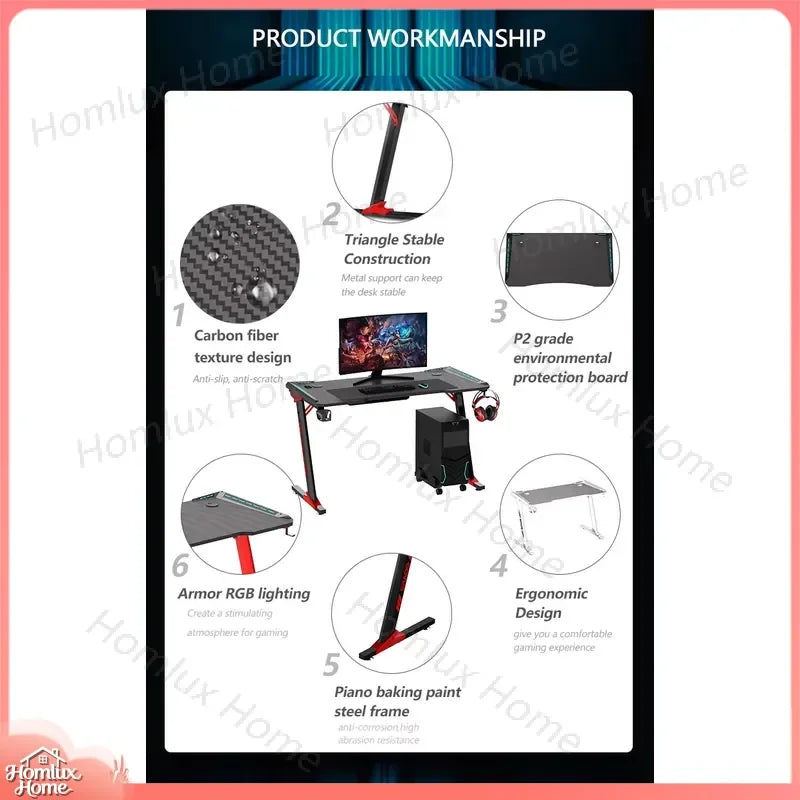 Luxury Modern Multifunctional Gaming Desk for Esports RGB LED Lighting Ergonomic Design Wooden Desktop Steel Frame Computer