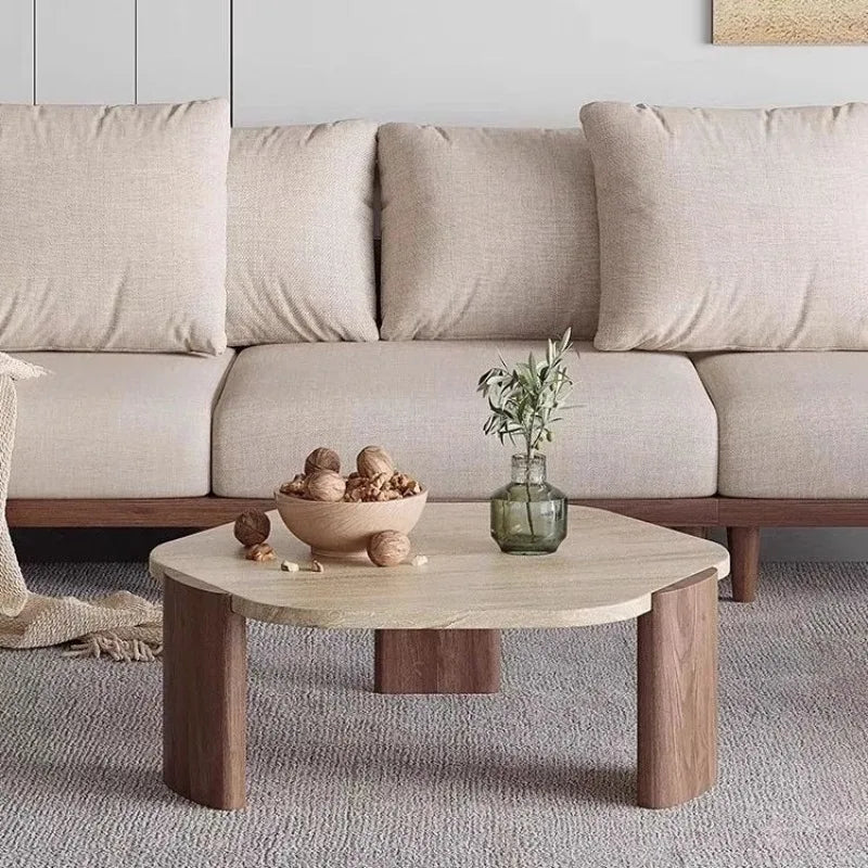 Wabi Sabi Minimalist Solid Wood Travertine round Coffee Table Living Room Balcony Small Space Home Decor Novelty New Indoor