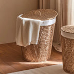 Japanese Style Rattan Laundry Hamper with Lid - Breathable Dustproof Dirty Clothes Basket for Bathroom,Laundry Room Storage