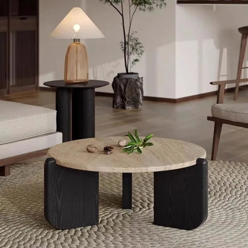 Wabi Sabi Minimalist Solid Wood Travertine round Coffee Table Living Room Balcony Small Space Home Decor Novelty New Indoor