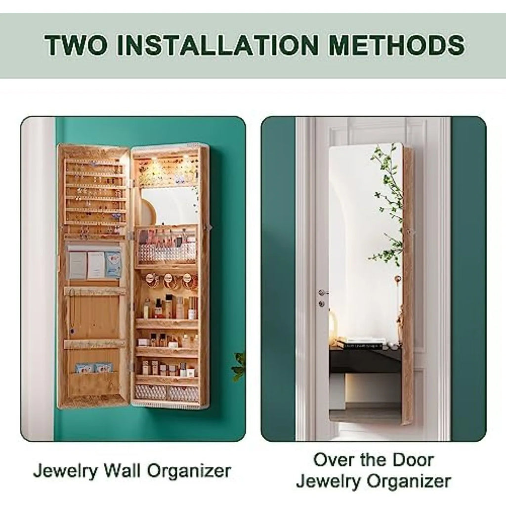 Over the Door Jewelry Organizer with LED Lights, 47.2" Full Length Mirror with Storage, Wall Mounted Jewelry Armoire