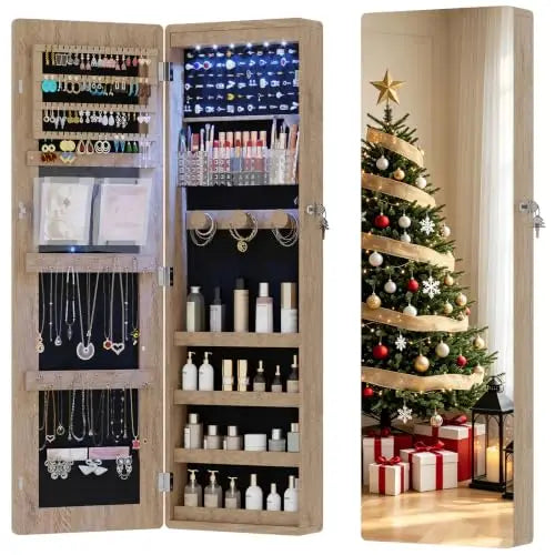 Over the Door Jewelry Organizer with LED Lights, 47.2" Full Length Mirror with Storage, Wall Mounted Jewelry Armoire