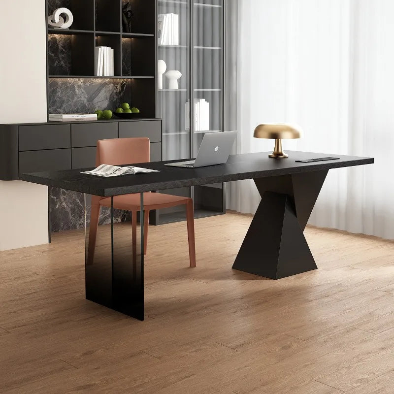 Black Solid Wood Desk with Socket Minimalist Living Room Study Workbench Office Computer Desk
