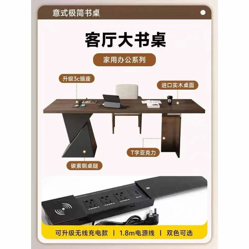 Black Solid Wood Desk with Socket Minimalist Living Room Study Workbench Office Computer Desk