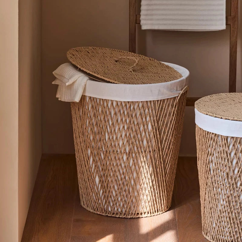 Japanese Style Rattan Laundry Hamper with Lid - Breathable Dustproof Dirty Clothes Basket for Bathroom,Laundry Room Storage