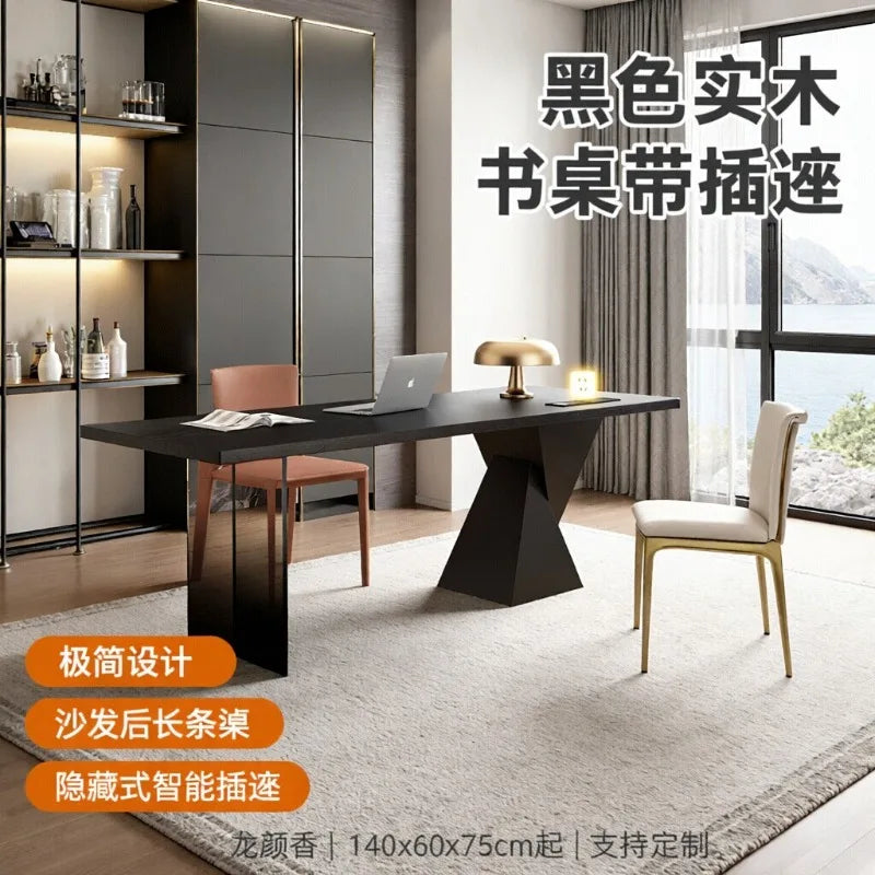Black Solid Wood Desk with Socket Minimalist Living Room Study Workbench Office Computer Desk