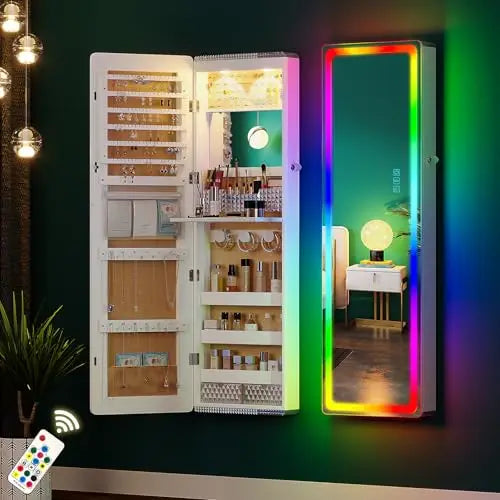 Over the Door Jewelry Organizer with LED Lights, 47.2" Full Length Mirror with Storage, Wall Mounted Jewelry Armoire