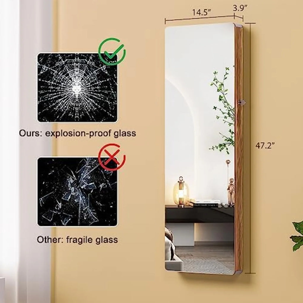 Over the Door Jewelry Organizer with LED Lights, 47.2" Full Length Mirror with Storage, Wall Mounted Jewelry Armoire