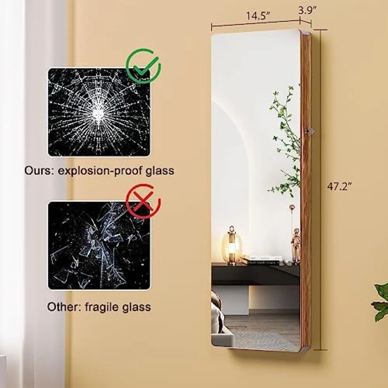 Over the Door Jewelry Organizer with LED Lights, 47.2" Full Length Mirror with Storage, Wall Mounted Jewelry Armoire