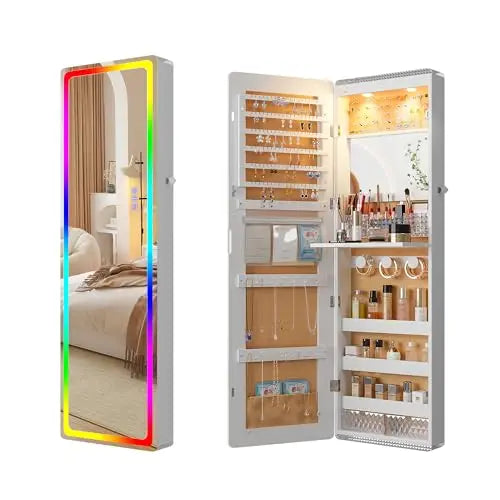 Over the Door Jewelry Organizer with LED Lights, 47.2" Full Length Mirror with Storage, Wall Mounted Jewelry Armoire