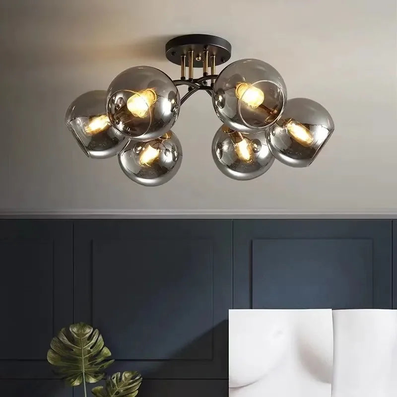 2026 Modern Led Ceiling Lights Transparent Smoke Grey Glass Lampshade Design Black Gold Nordic Ceiling Lamp Bedroom Decoration L