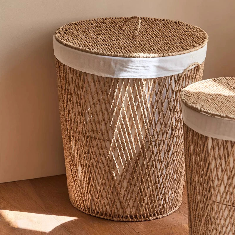 Japanese Style Rattan Laundry Hamper with Lid - Breathable Dustproof Dirty Clothes Basket for Bathroom,Laundry Room Storage