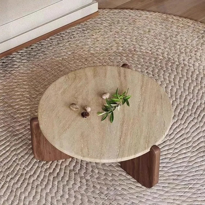 Wabi Sabi Minimalist Solid Wood Travertine round Coffee Table Living Room Balcony Small Space Home Decor Novelty New Indoor
