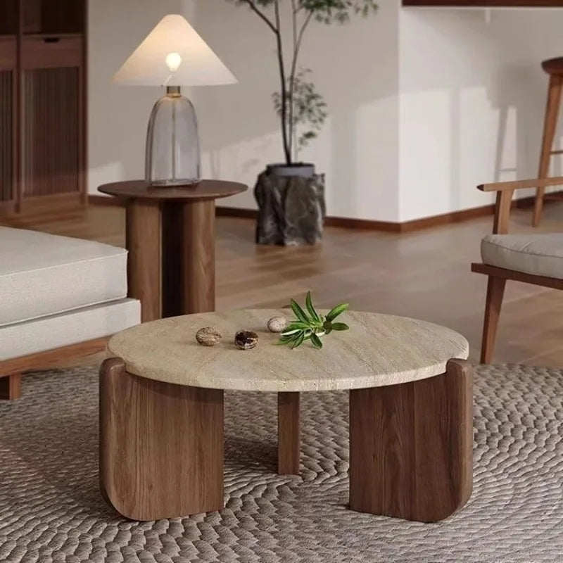 Wabi Sabi Minimalist Solid Wood Travertine round Coffee Table Living Room Balcony Small Space Home Decor Novelty New Indoor