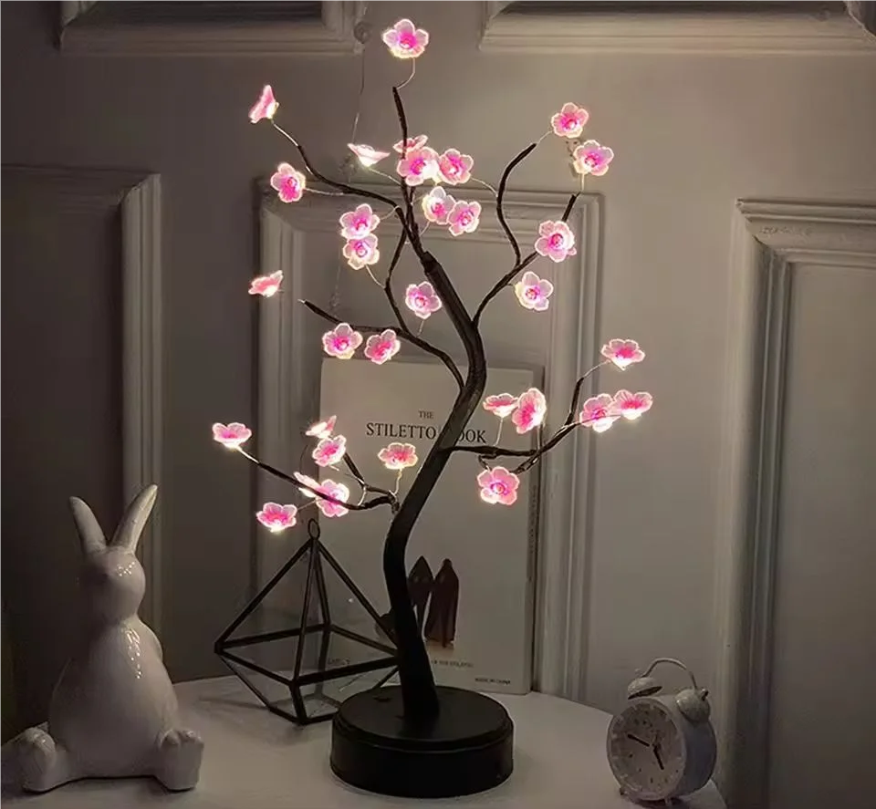 1PC LED Artificial Cherry Tree Bonsai Night Light Usb/Battery Powered Table Lamp Touch Switch Fairy Light for Wedding Home Decor