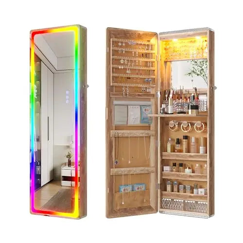 Over the Door Jewelry Organizer with LED Lights, 47.2" Full Length Mirror with Storage, Wall Mounted Jewelry Armoire