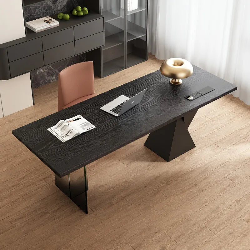 Black Solid Wood Desk with Socket Minimalist Living Room Study Workbench Office Computer Desk