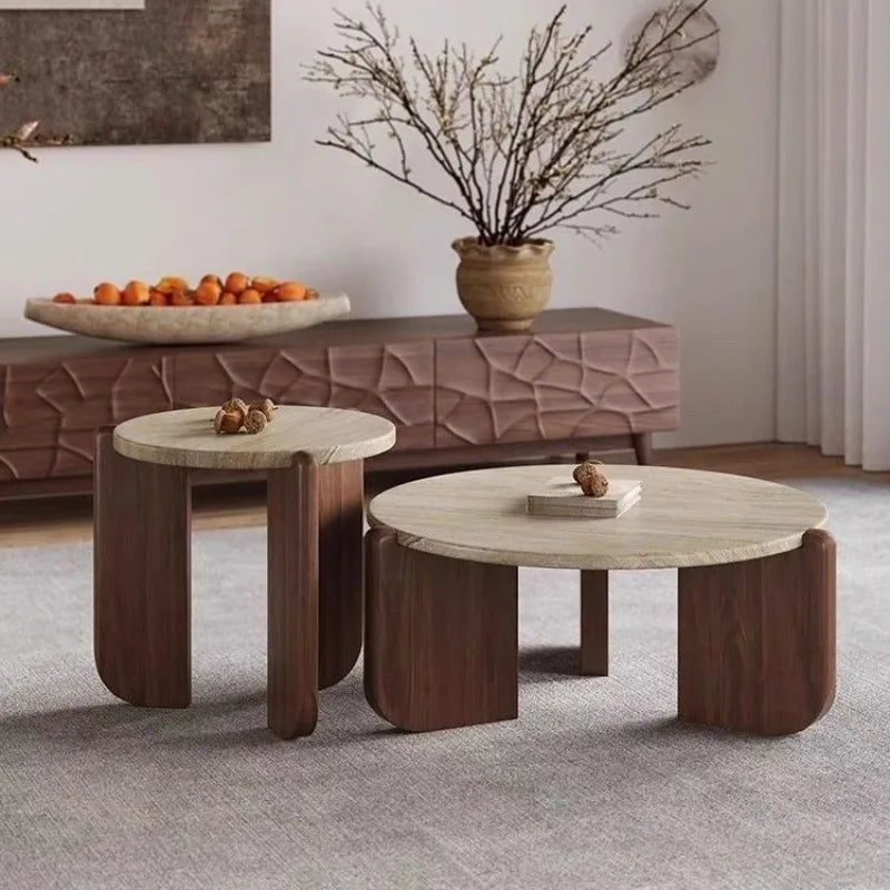 Wabi Sabi Minimalist Solid Wood Travertine round Coffee Table Living Room Balcony Small Space Home Decor Novelty New Indoor