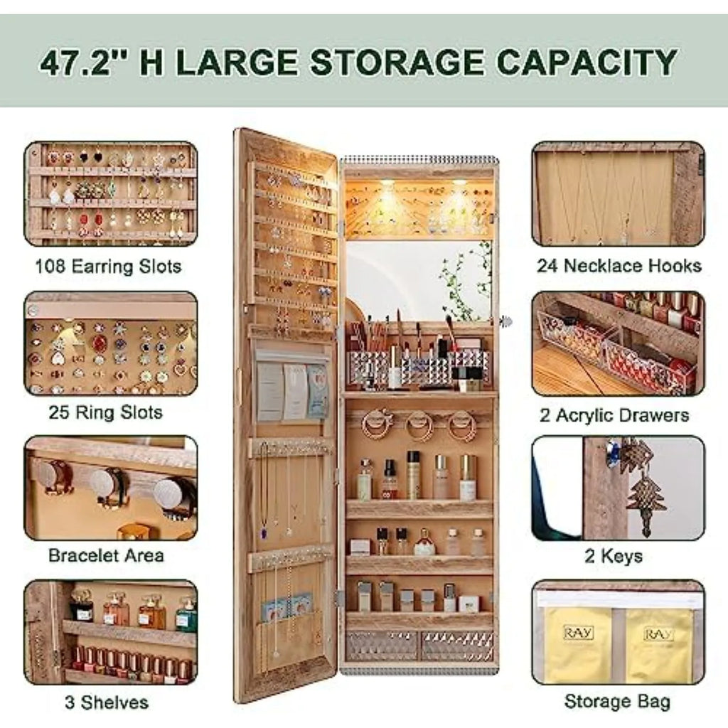Over the Door Jewelry Organizer with LED Lights, 47.2" Full Length Mirror with Storage, Wall Mounted Jewelry Armoire