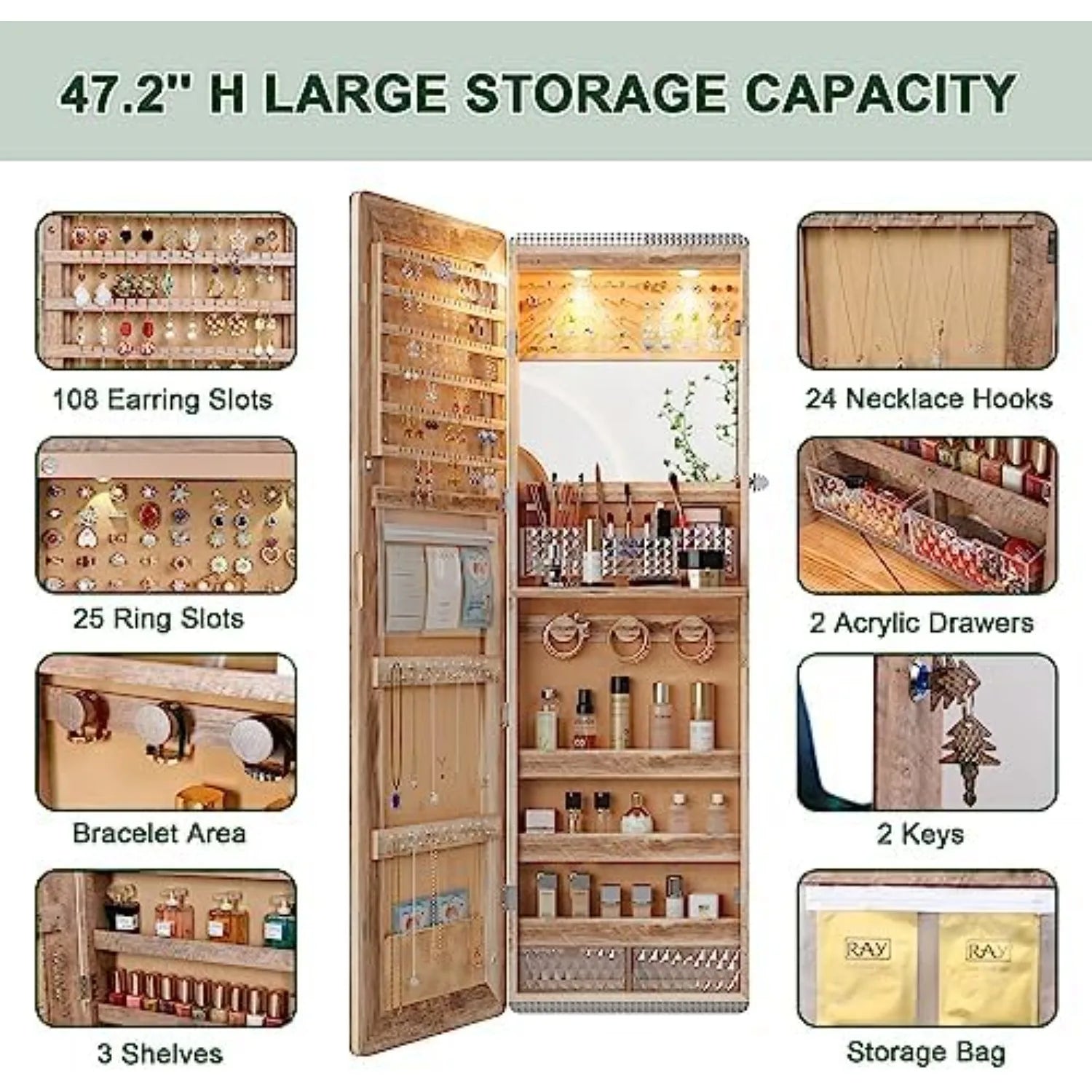 Over the Door Jewelry Organizer with LED Lights, 47.2" Full Length Mirror with Storage, Wall Mounted Jewelry Armoire