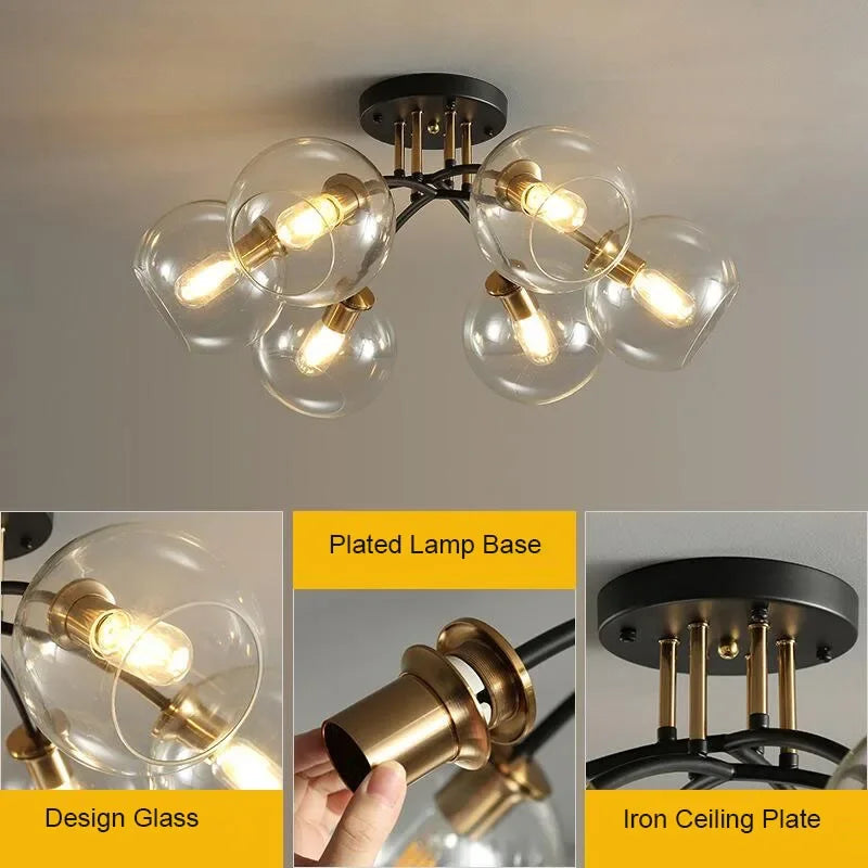 2026 Modern Led Ceiling Lights Transparent Smoke Grey Glass Lampshade Design Black Gold Nordic Ceiling Lamp Bedroom Decoration L