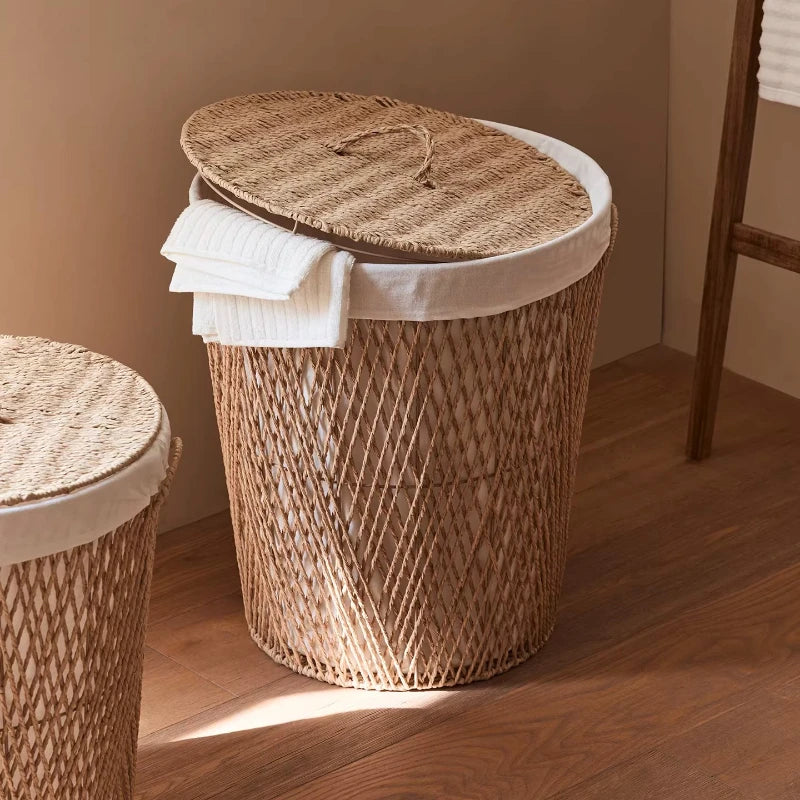 Japanese Style Rattan Laundry Hamper with Lid - Breathable Dustproof Dirty Clothes Basket for Bathroom,Laundry Room Storage
