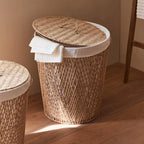 Japanese Style Rattan Laundry Hamper with Lid - Breathable Dustproof Dirty Clothes Basket for Bathroom,Laundry Room Storage