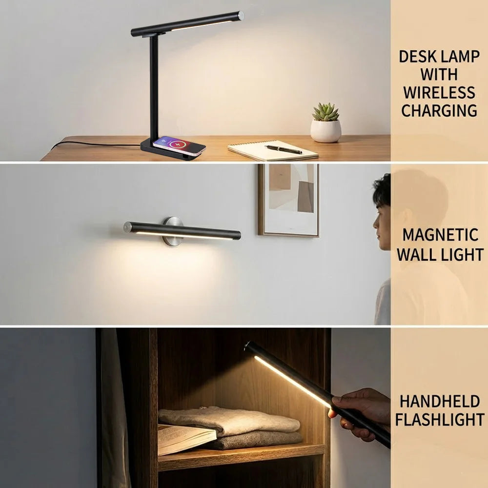 Dimmable 3-In-1 LED Desk Lamp-Wireless Charger, Magnetic Wall Light & Handheld Flashlight, Detachable Reading Light，Customizable
