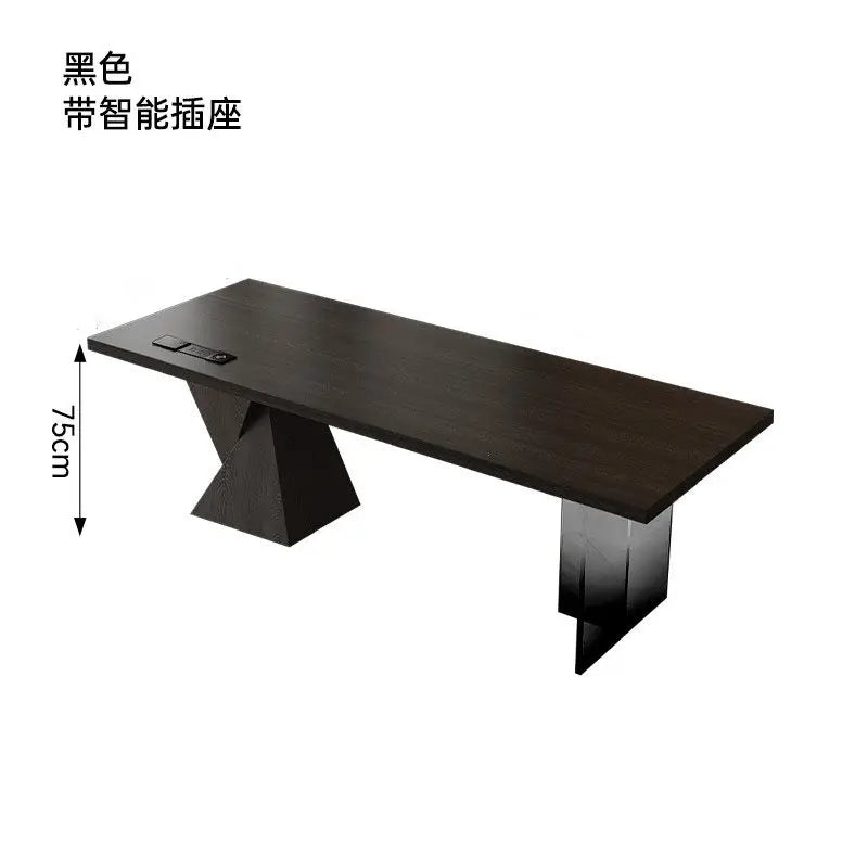 Black Solid Wood Desk with Socket Minimalist Living Room Study Workbench Office Computer Desk