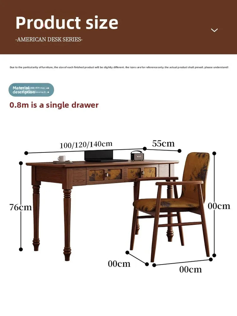 Home Office Desk Set Elegant Vintage Study Furniture Upholstered Chair Wooden Writing Desk Drawer Computer