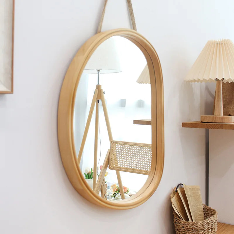 Japanese Style Wooden Wall Mirror for Bathroom Bamboo Rattan Vanity Irregular Frame Mirror Washroom Decoration Home Decor