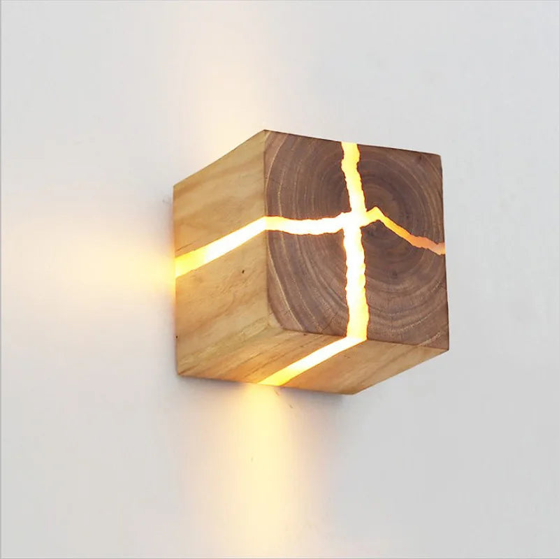 Entrance Background Decoration Cracked Wood Grain Wall Lamp Creative Square Nordic Solid Wood Wall Bedside Lamp