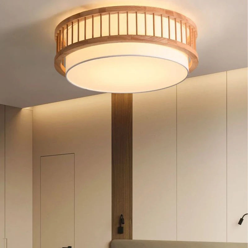 Nordic round Solid Wood Ceiling Lights Fabric Lampshade Living Room Bedroom Ceiling Lamp for Restaurant Study Homestay Indoor