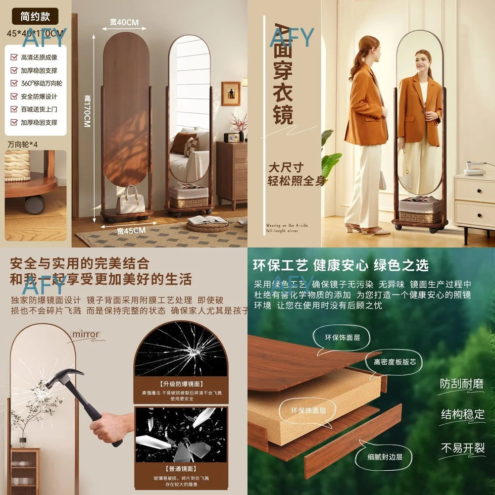 Premium Full Length Mirror with Clothing Rack and Pegboard Organizer Stand for Wardrobe Storage Rotating Casters Floor Mirror