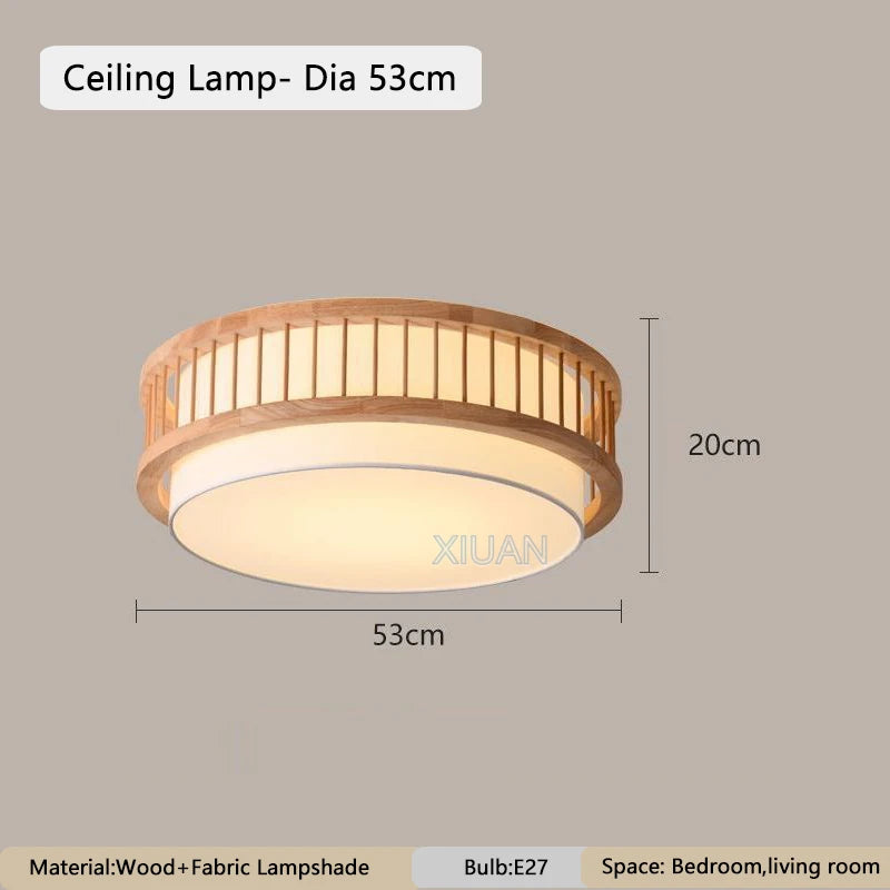 Nordic round Solid Wood Ceiling Lights Fabric Lampshade Living Room Bedroom Ceiling Lamp for Restaurant Study Homestay Indoor