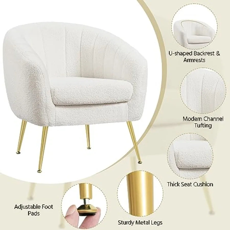 Accent Chair, Modern Cozy Vanity Chair with Gold Metal Legs, Boucle Fabric Armchair with Removable Seat Cushion for Living Room